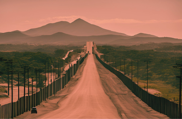 Imagen de la frontera México-Estados Unidos hecha con IA. (Canvas)