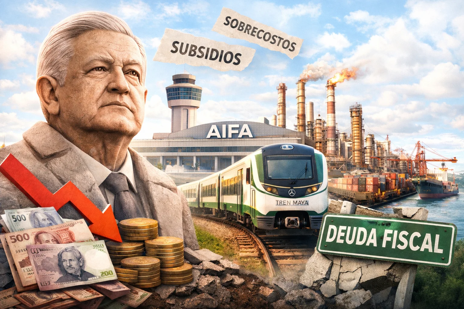Las obras emblemáticas de AMLO. (Imagen generado con IA)